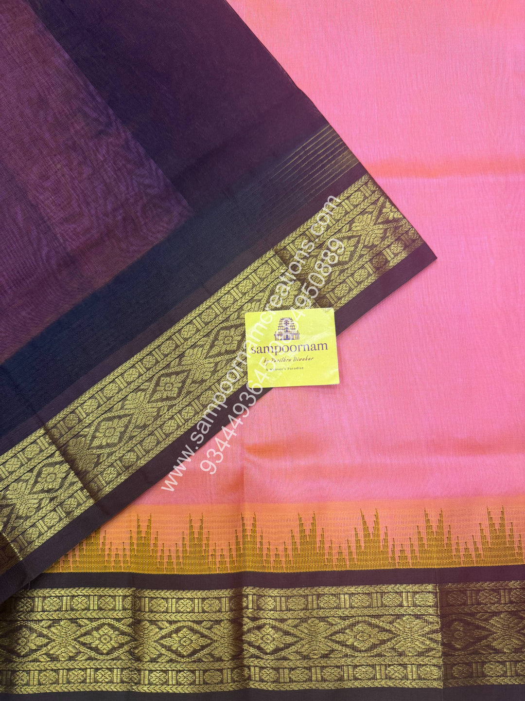 Pastel Pink with Dark Brown , Temple design with Traditional borders and  Grand Pallu Korvai Silk Cotton Saree