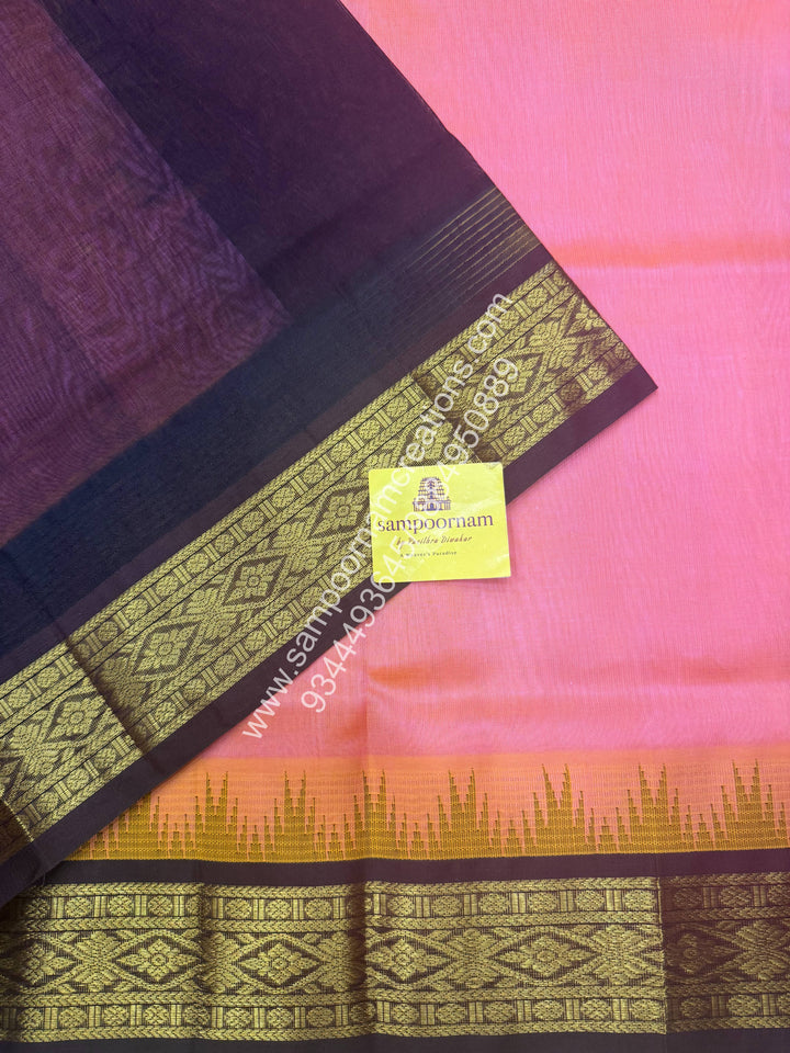 Pastel Pink with Dark Brown , Temple design with Traditional borders and  Grand Pallu Korvai Silk Cotton Saree