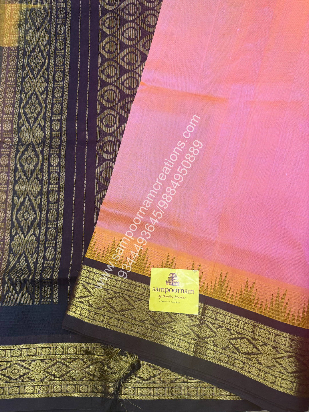 Pastel Pink with Dark Brown , Temple design with Traditional borders and  Grand Pallu Korvai Silk Cotton Saree