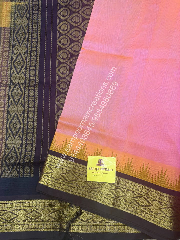 Pastel Pink with Dark Brown , Temple design with Traditional borders and  Grand Pallu Korvai Silk Cotton Saree