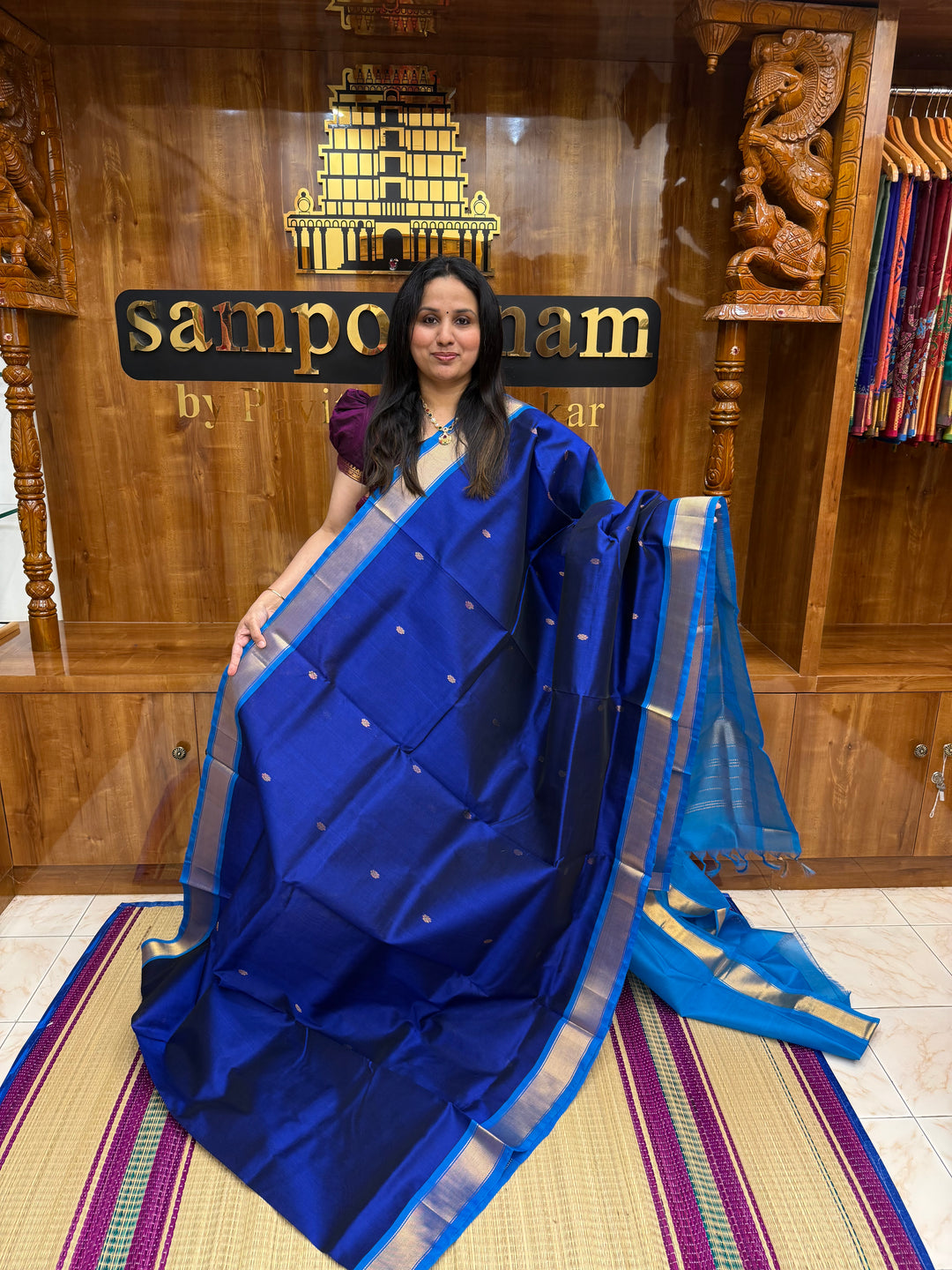 Dark Blue with Light Blue , Rich Floral Zari butta in the body , Traditional Borders and Rich Pallu Silk Cotton Saree