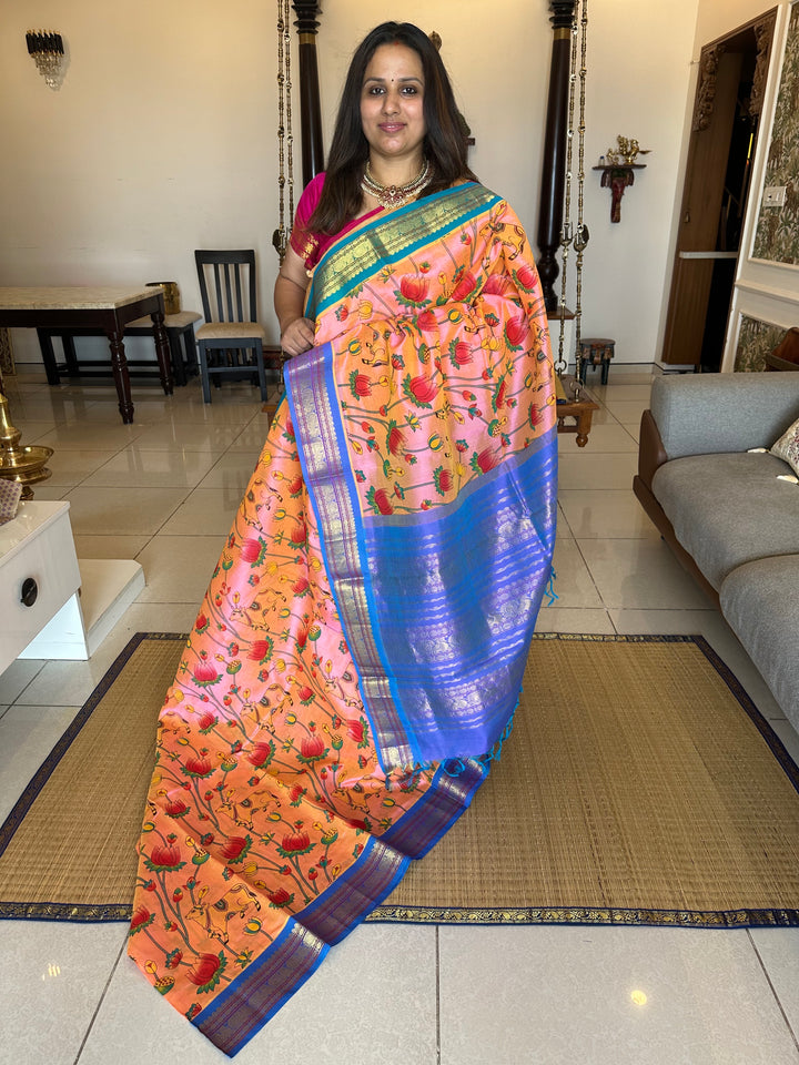 Peachish Pink with Ganga Jamuna Border Pichwai Printed Silk Cotton Saree