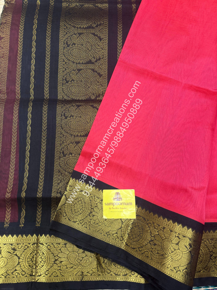 Rani Pink with Black , Traditional borders and  Grand Pallu Korvai Silk Cotton Saree