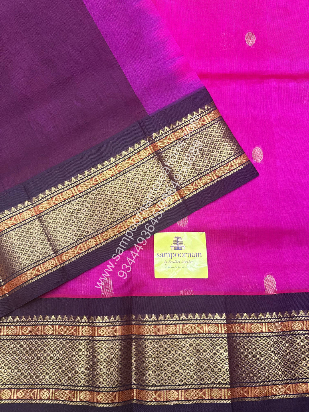 Rani Pink with Brown , rich Zari butta in the body and Traditional borders , Grand Pallu Korvai Silk Cotton Saree