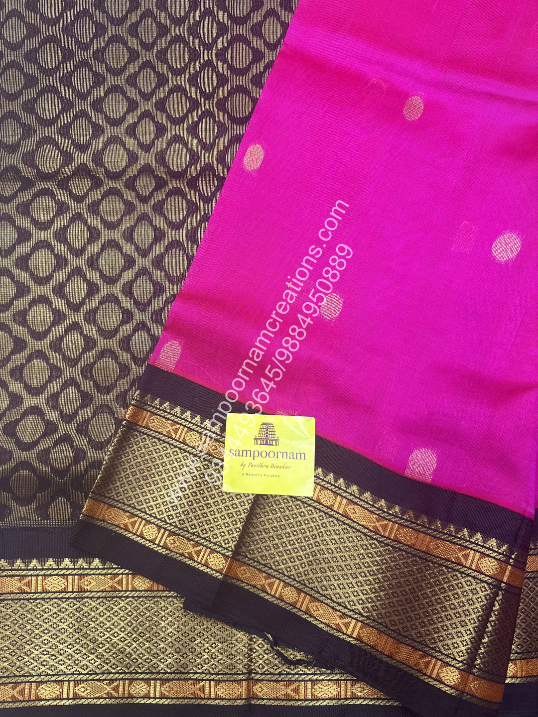 Rani Pink with Brown , rich Zari butta in the body and Traditional borders , Grand Pallu Korvai Silk Cotton Saree