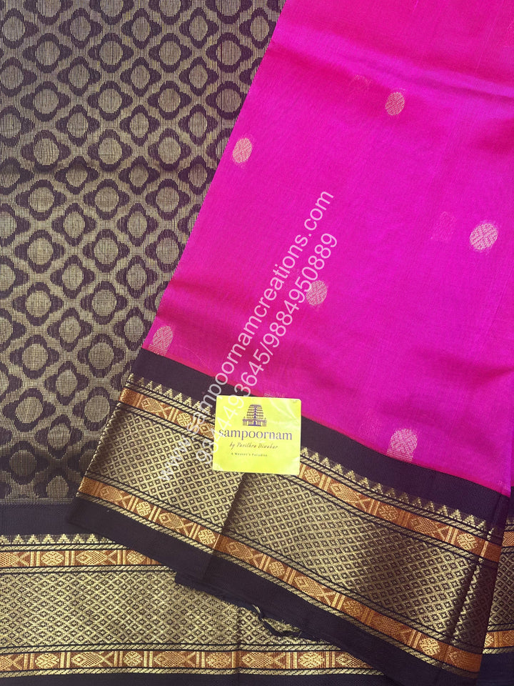 Rani Pink with Brown , rich Zari butta in the body and Traditional borders , Grand Pallu Korvai Silk Cotton Saree