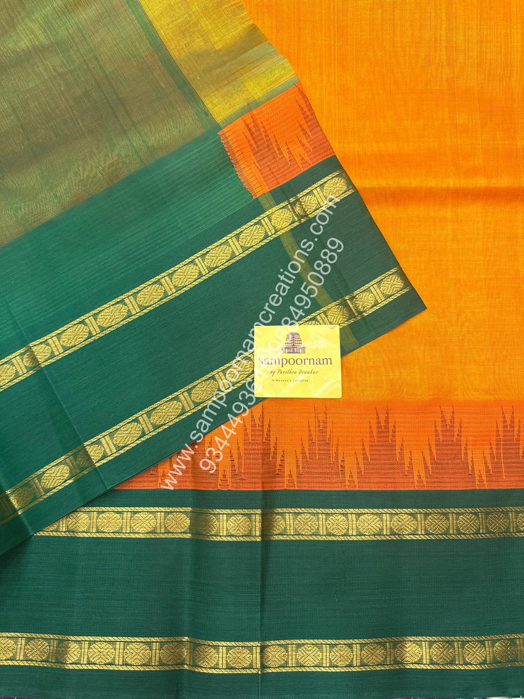Mambazha Manjal with Green , Temple design with Rettapet border and Grand Pallu Korvai Silk Cotton Saree
