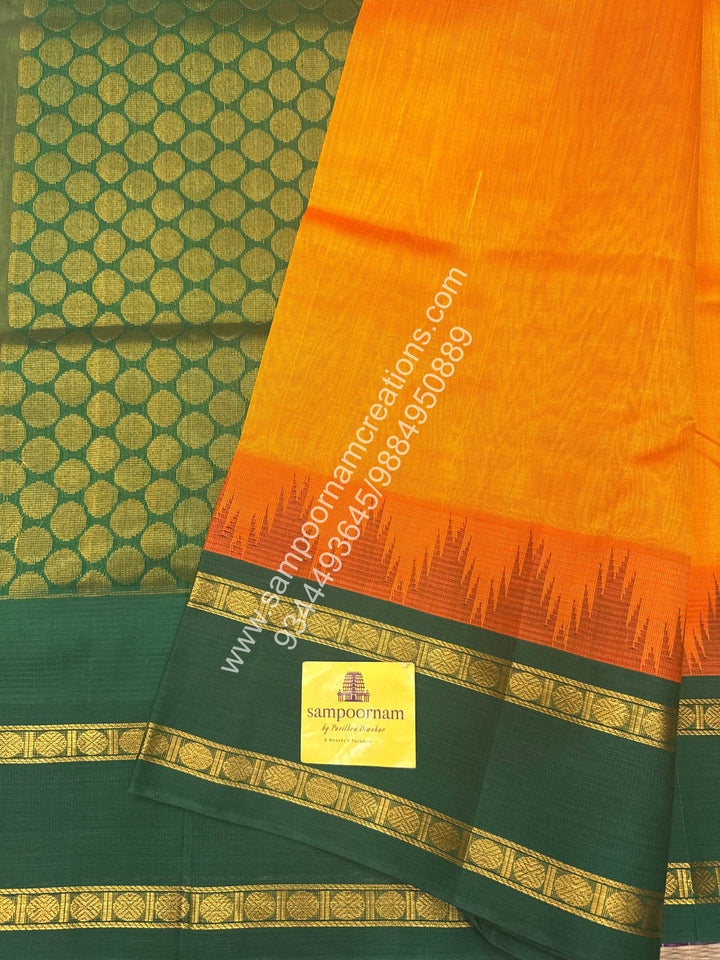 Mambazha Manjal with Green , Temple design with Rettapet border and Grand Pallu Korvai Silk Cotton Saree