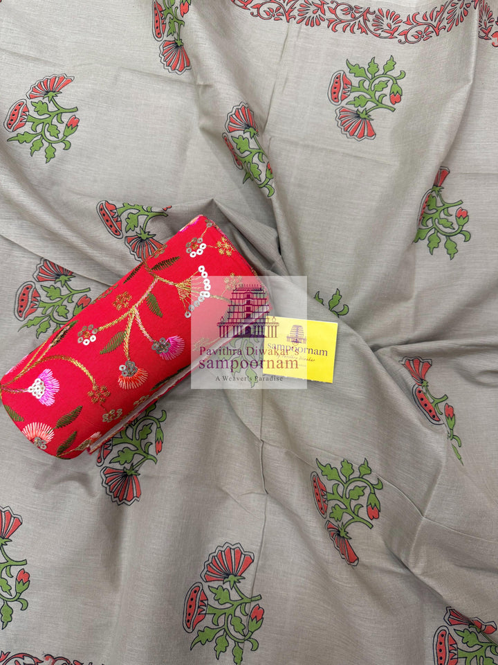 Cotton Black Top with Floral Mirror work in the Yoke , Printed Grey bottom and cotton Floral Printed Dupatta