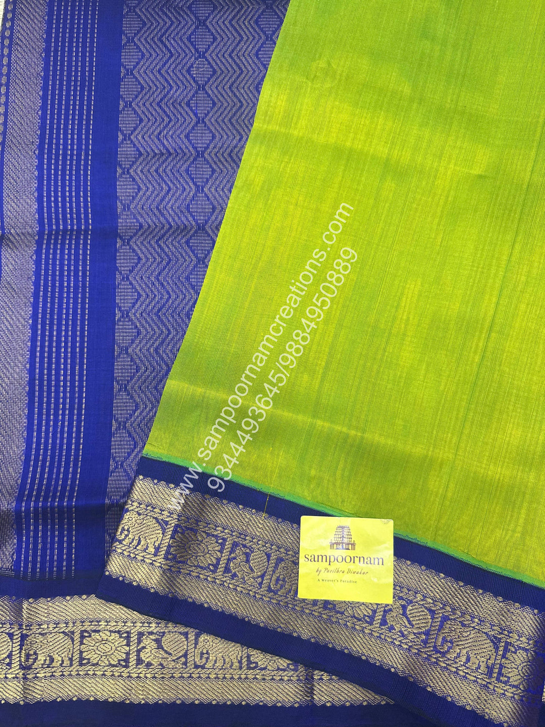 Sneha Green with Blue , Traditional borders and  Grand Pallu Korvai Silk Cotton Saree