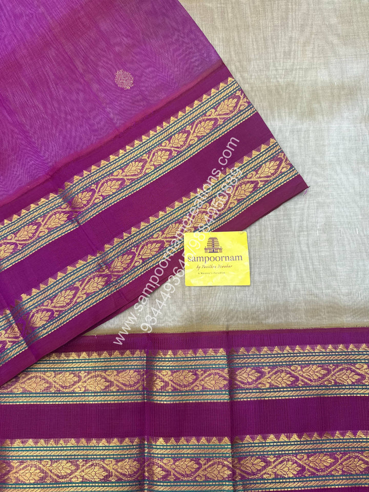 Dark Beige with Dark Magenta , rich Zari butta in the body , Rettapet border and Grand Pallu Korvai Silk Cotton Saree