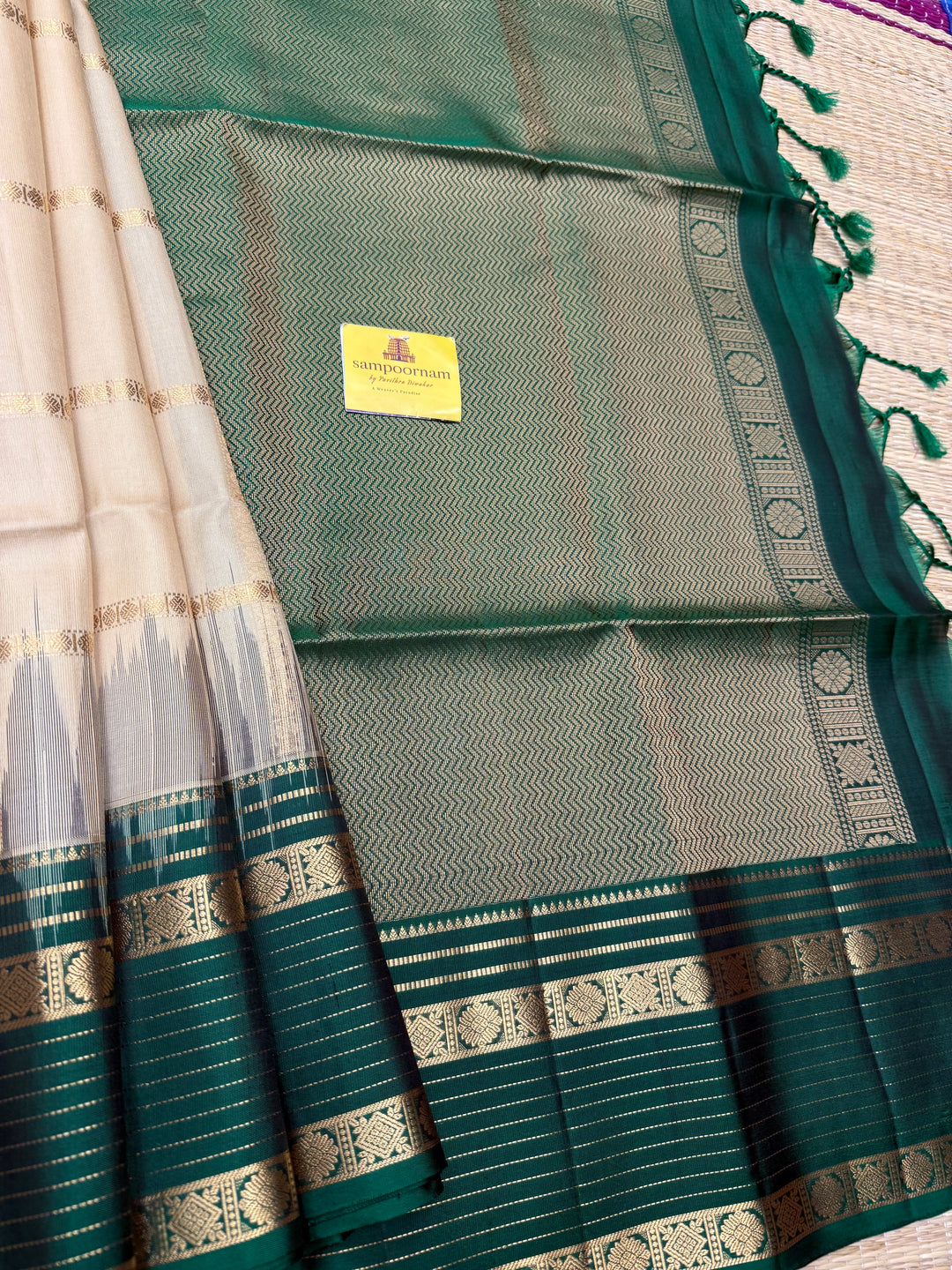 Ivory with Dark Green  , Rich Zari Checks in the body and Grand Pallu Pure Soft Silk Saree