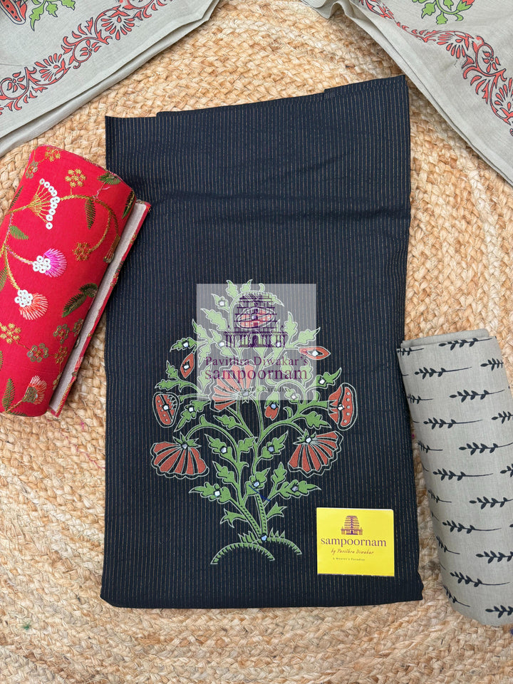 Cotton Black Top with Floral Mirror work in the Yoke , Printed Grey bottom and cotton Floral Printed Dupatta