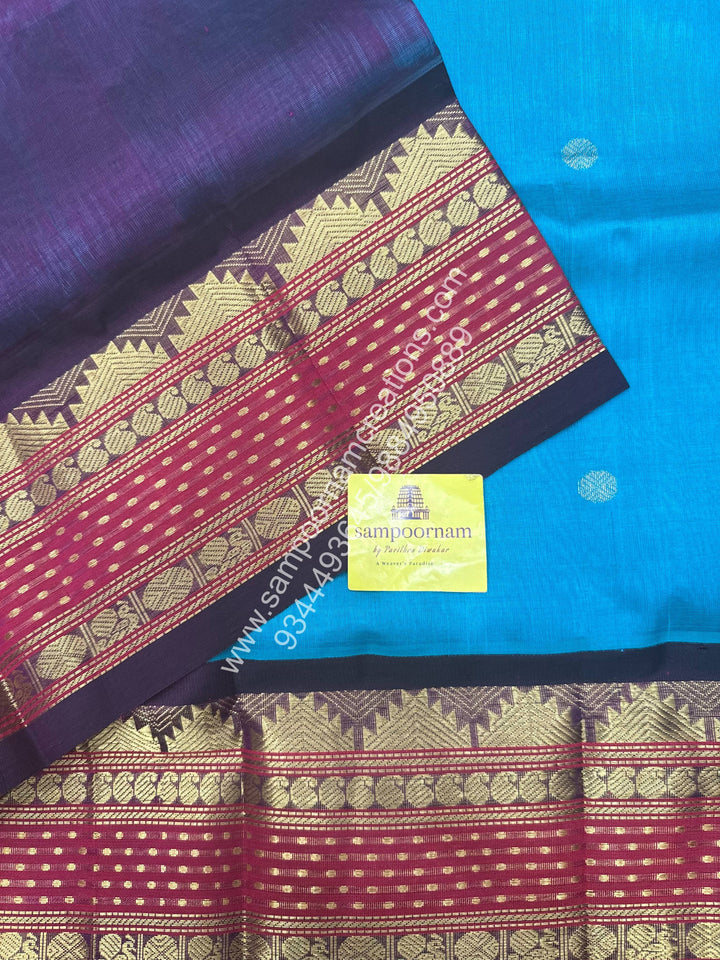 Ramar Blue with Dark Jamun , Zari butta in the body and Lakshadeepam Border , Grand Pallu Korvai Silk Cotton Saree