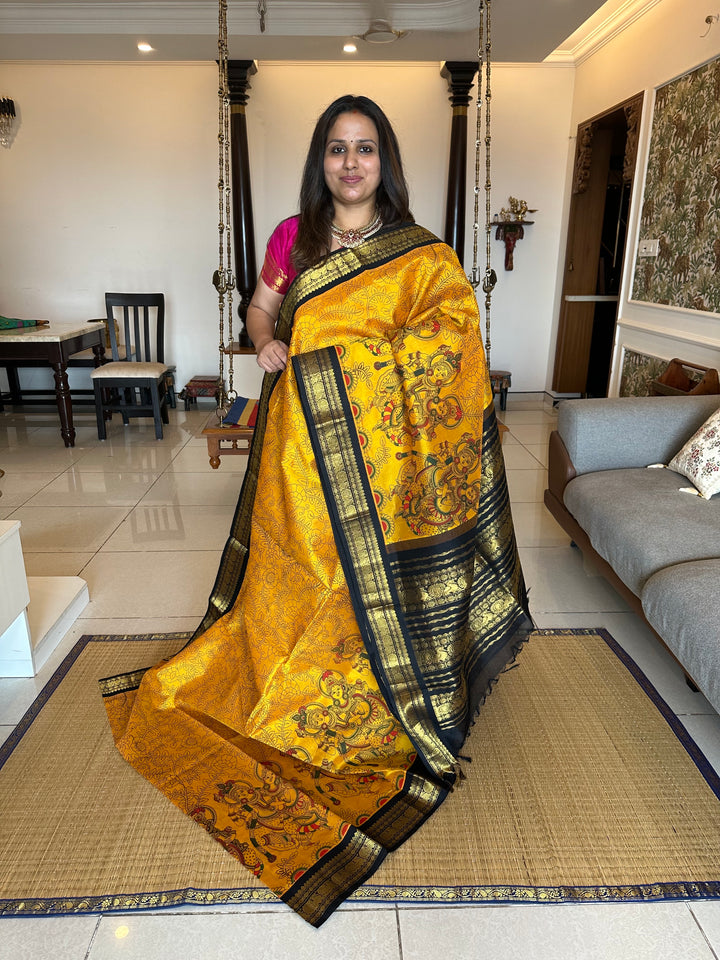 Mambazha Manjal with Black Radha Krishna Printed Korvai Silk Cotton Saree