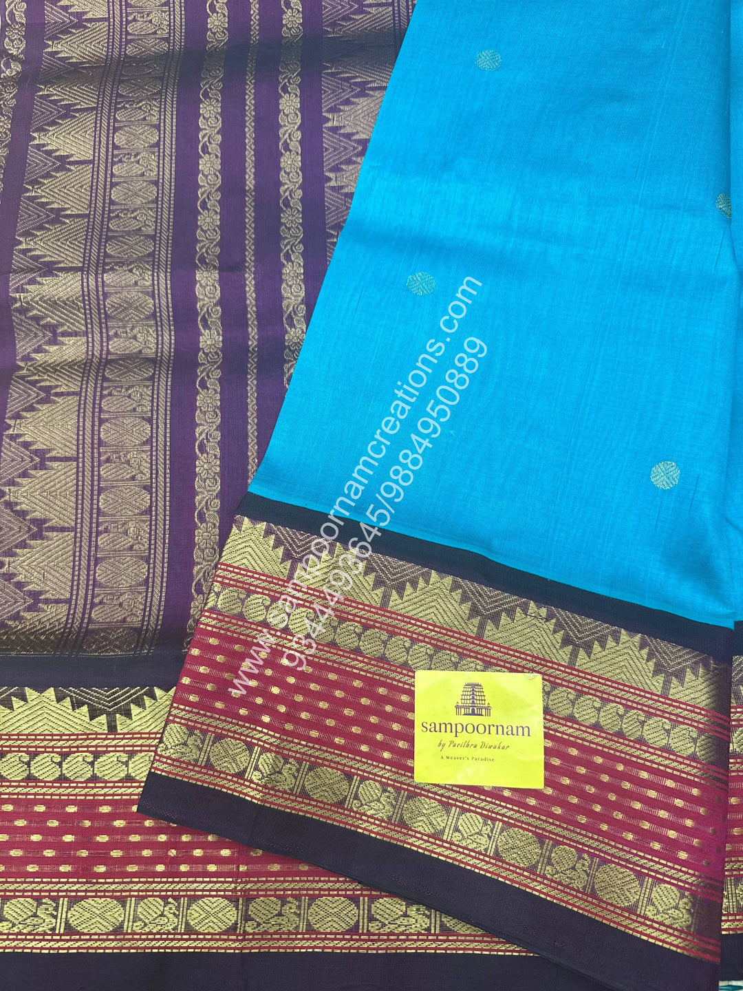 Ramar Blue with Dark Jamun , Zari butta in the body and Lakshadeepam Border , Grand Pallu Korvai Silk Cotton Saree