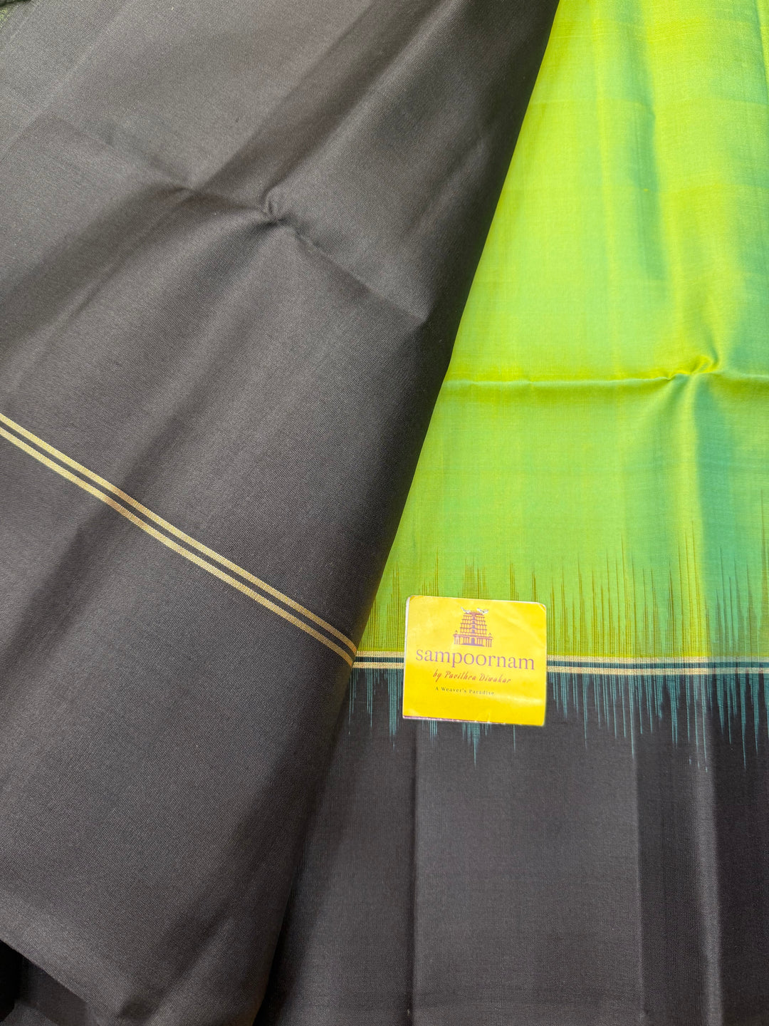 Pastel Green with Black , Rich Mango Zari Butta in the body and Grand Pallu Pure Soft Silk Saree