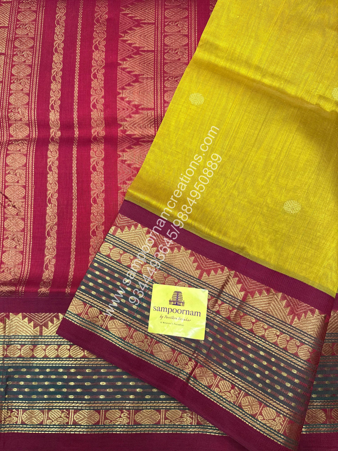 Mustard with Kumkum Red  , Zari butta in the body and Lakshadeepam Border , Grand Pallu Korvai Silk Cotton Saree