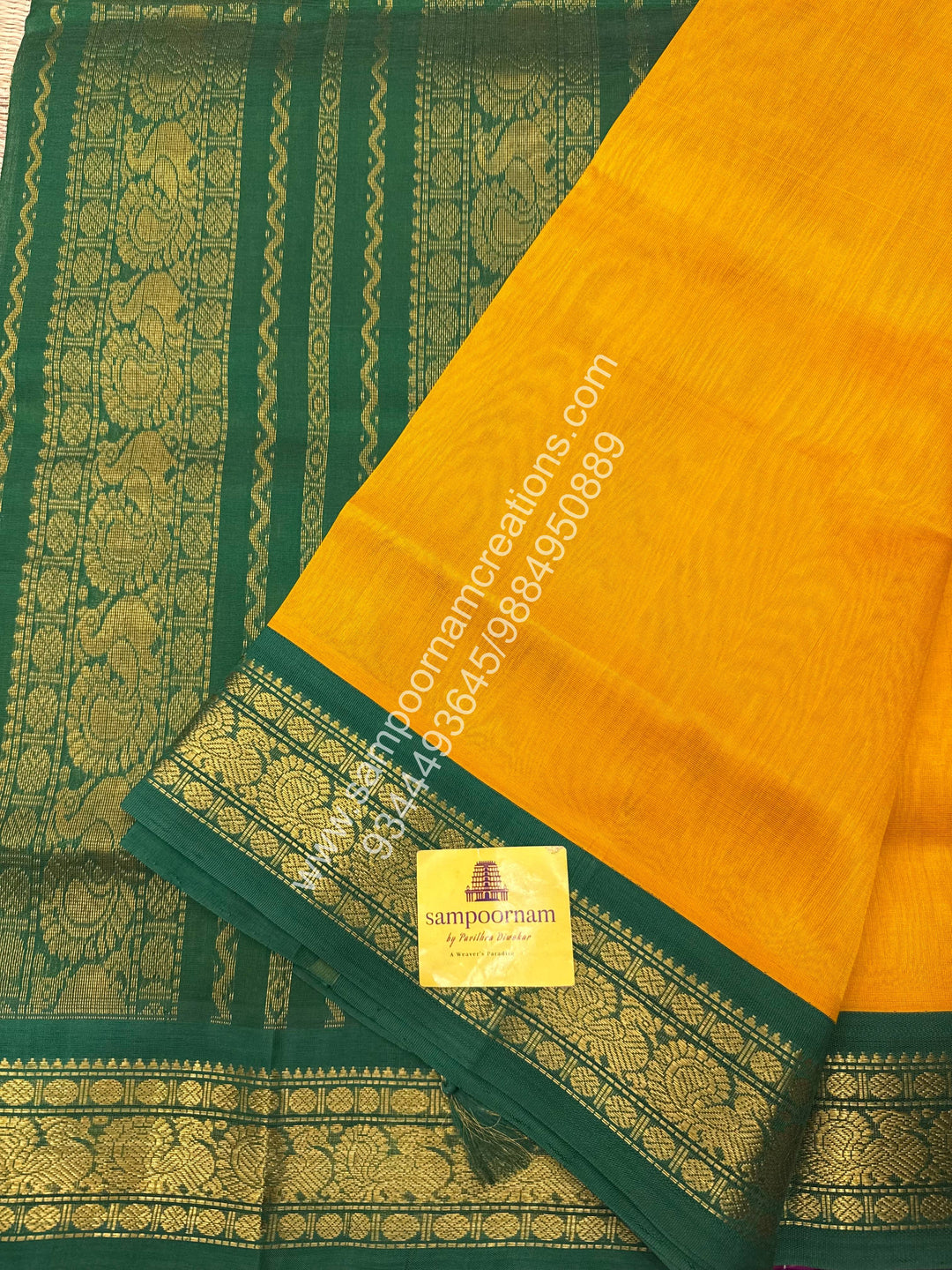 Manjal with Green , Traditional borders and  Grand Pallu Korvai Silk Cotton Saree