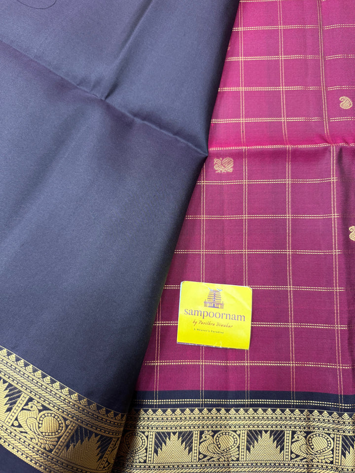 Wine with Black, Rich Zari Checks with Mango & Mayil buttta in the body and Grand Pallu Pure Soft Silk Saree