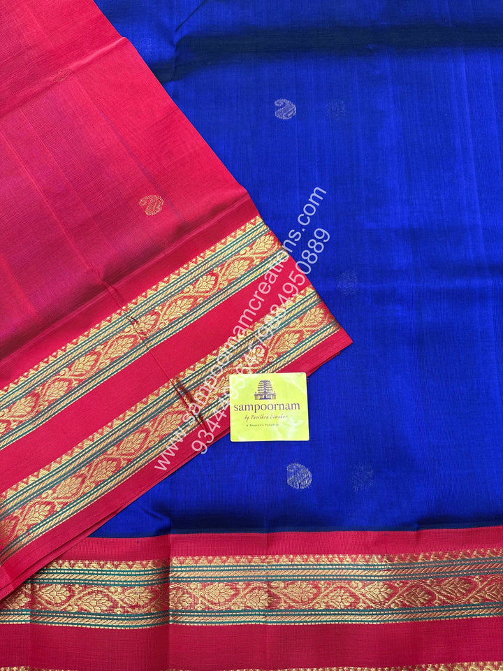 MS Blue with Red , rich Mango Zari butta in the body , Rettapet border and  Grand Pallu Korvai Silk Cotton Saree