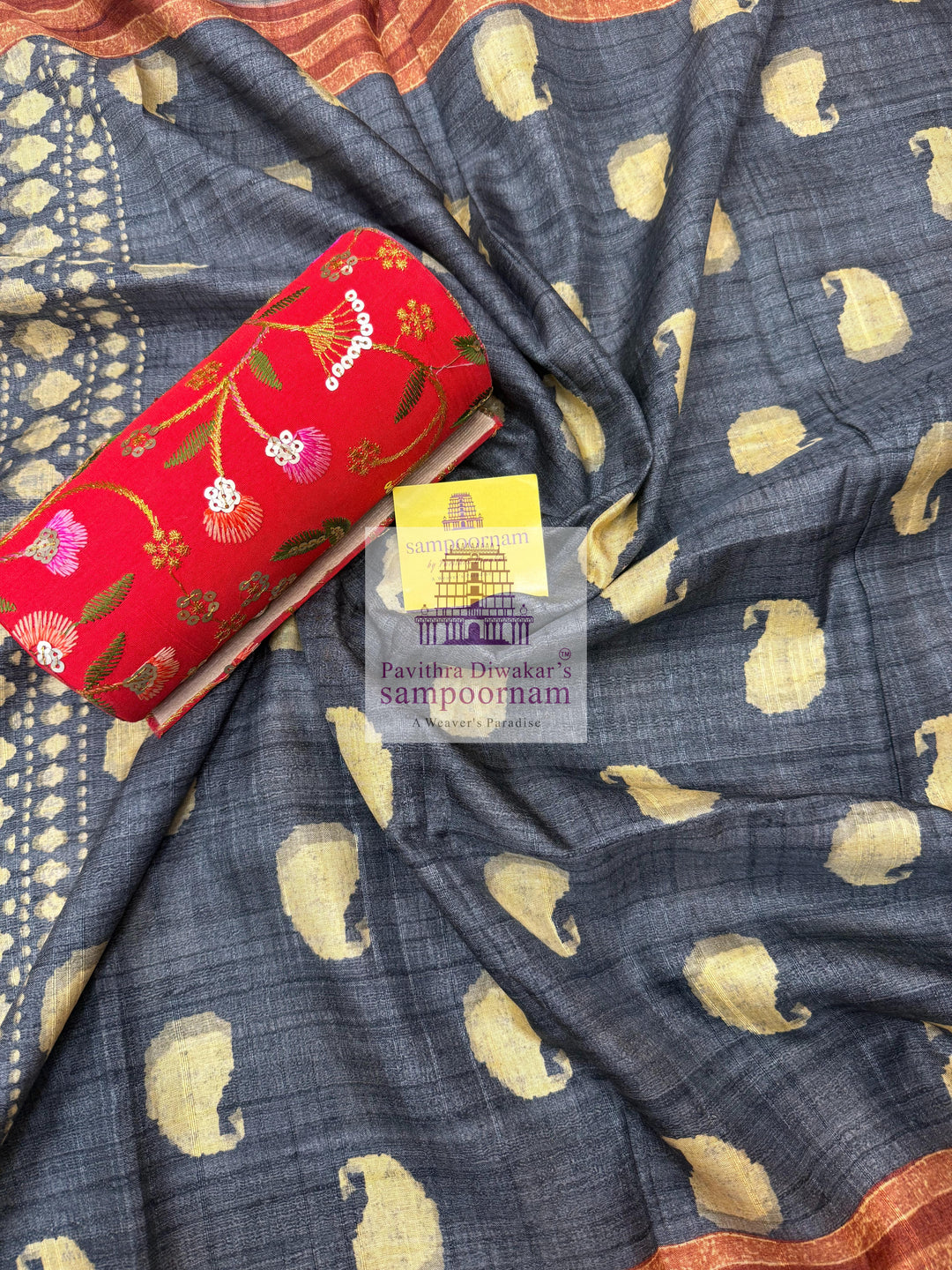 Dark Blue Semi Tussar top with Mango Print and Plain Bottom and Mango Motif Printed Dupatta