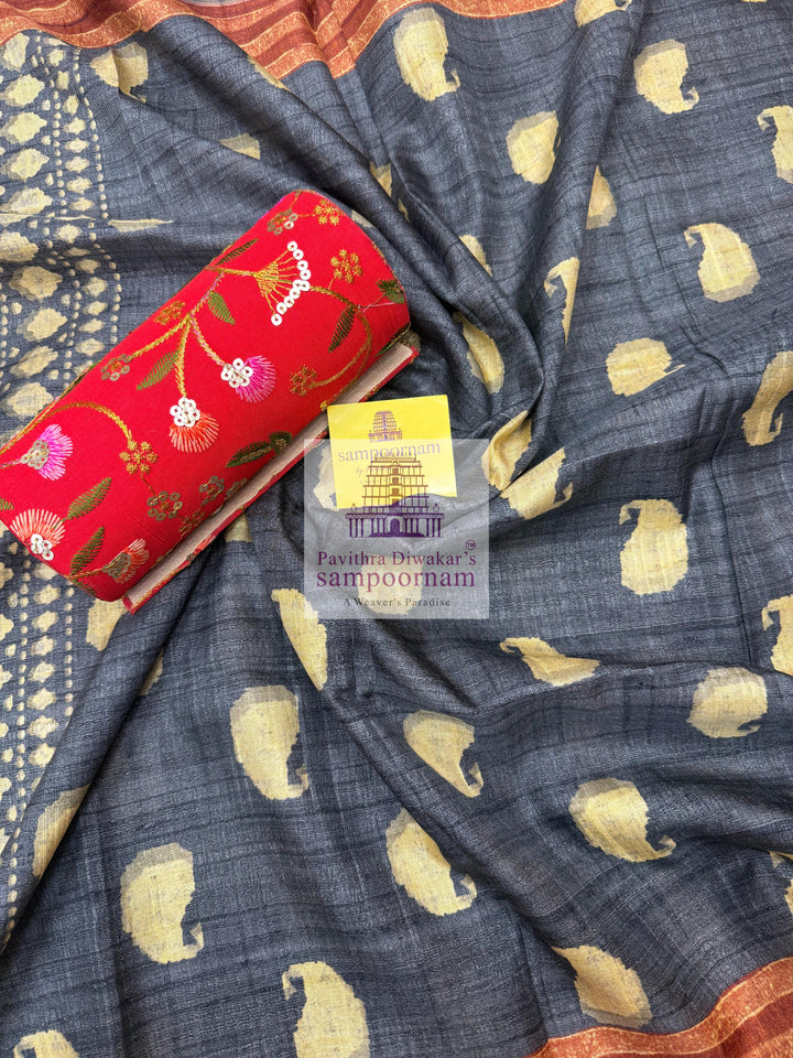 Dark Blue Semi Tussar top with Mango Print and Plain Bottom and Mango Motif Printed Dupatta