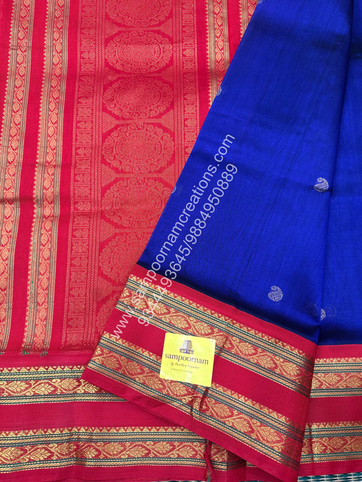 MS Blue with Red , rich Mango Zari butta in the body , Rettapet border and  Grand Pallu Korvai Silk Cotton Saree