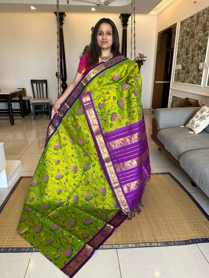 Green with Purple Pichwai Printed Korvai Silk Cotton Saree