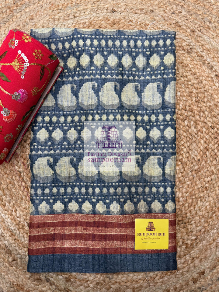 Dark Blue Semi Tussar top with Mango Print and Plain Bottom and Mango Motif Printed Dupatta