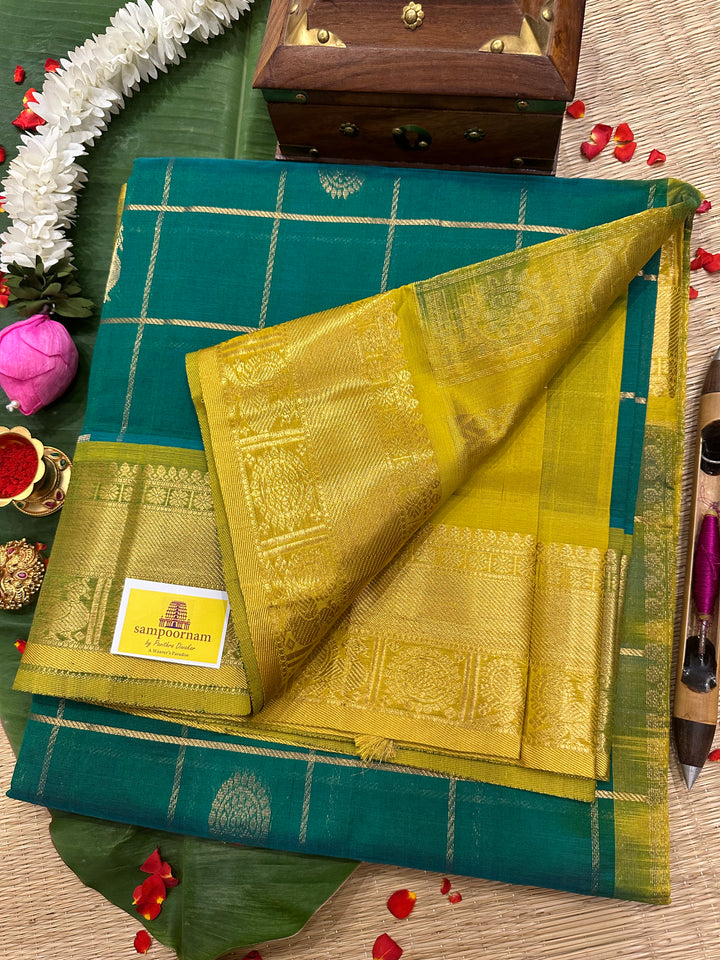 Rexona Green with Lemon Yellow Mayil Chakram Silk Cotton Saree