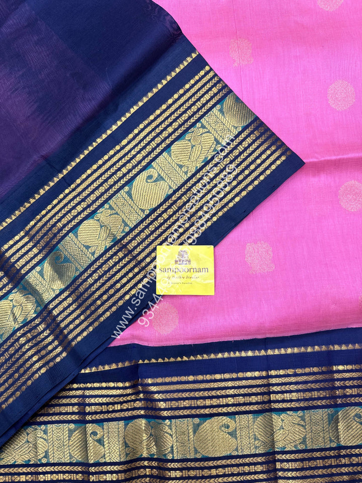 Candy Pin with Dark Blue , Annam and Chakram Zari butta in the body , Rich Kanchi border , Grand Pallu Korvai Silk Cotton Saree