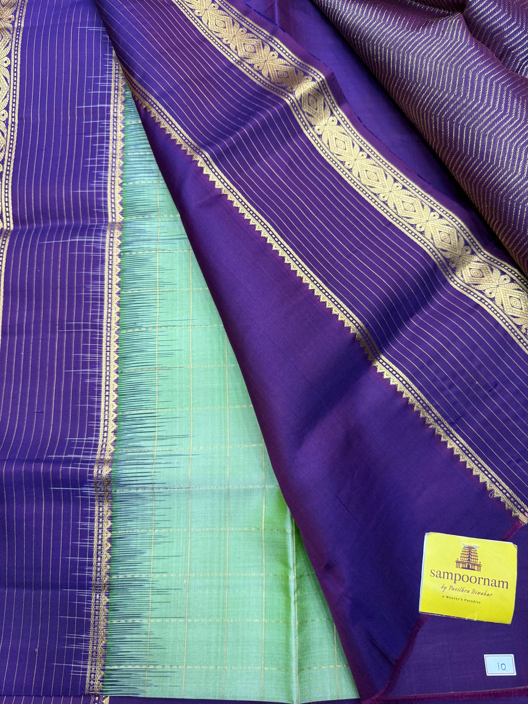 Pista Green with Purple  , Rich Zari Checks in the body and Grand Pallu Pure Soft Silk Saree