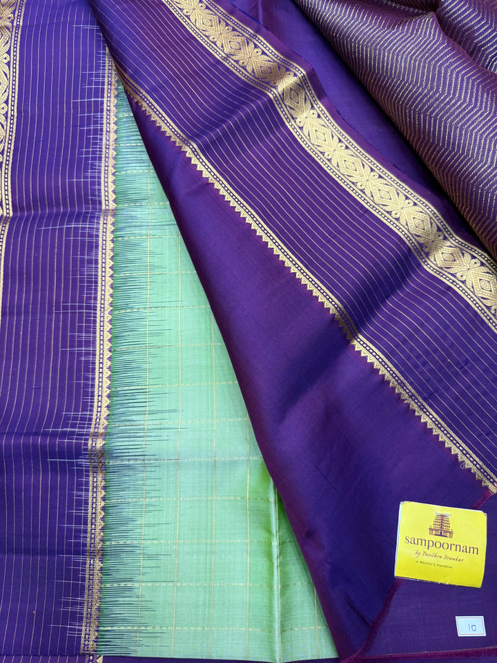 Pista Green with Purple  , Rich Zari Checks in the body and Grand Pallu Pure Soft Silk Saree