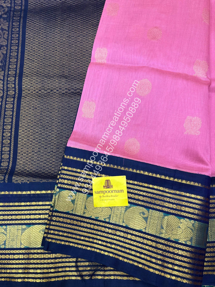 Candy Pin with Dark Blue , Annam and Chakram Zari butta in the body , Rich Kanchi border , Grand Pallu Korvai Silk Cotton Saree