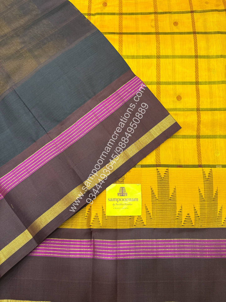 Mustard with Brown , checks with zari buttain the body , temple design  Rettapet borders , Grand Pallu Korvai Silk Cotton Saree