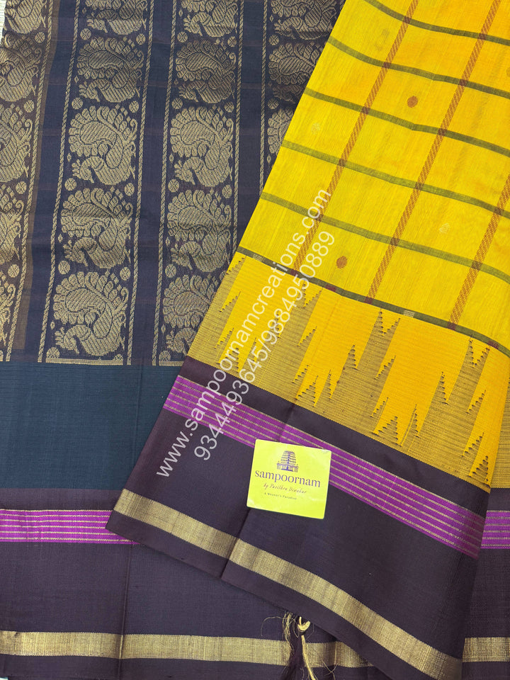 Mustard with Brown , checks with zari buttain the body , temple design  Rettapet borders , Grand Pallu Korvai Silk Cotton Saree