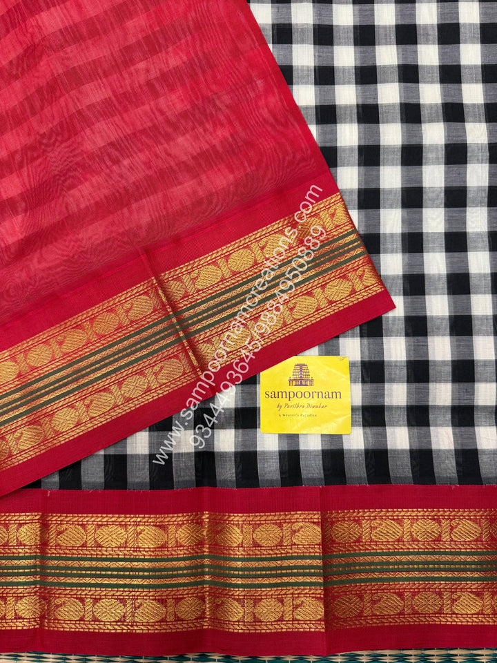 Black and White with Red , Paalum Pazham Kattam , Rettapet borders , Grand Pallu Korvai Silk Cotton Saree