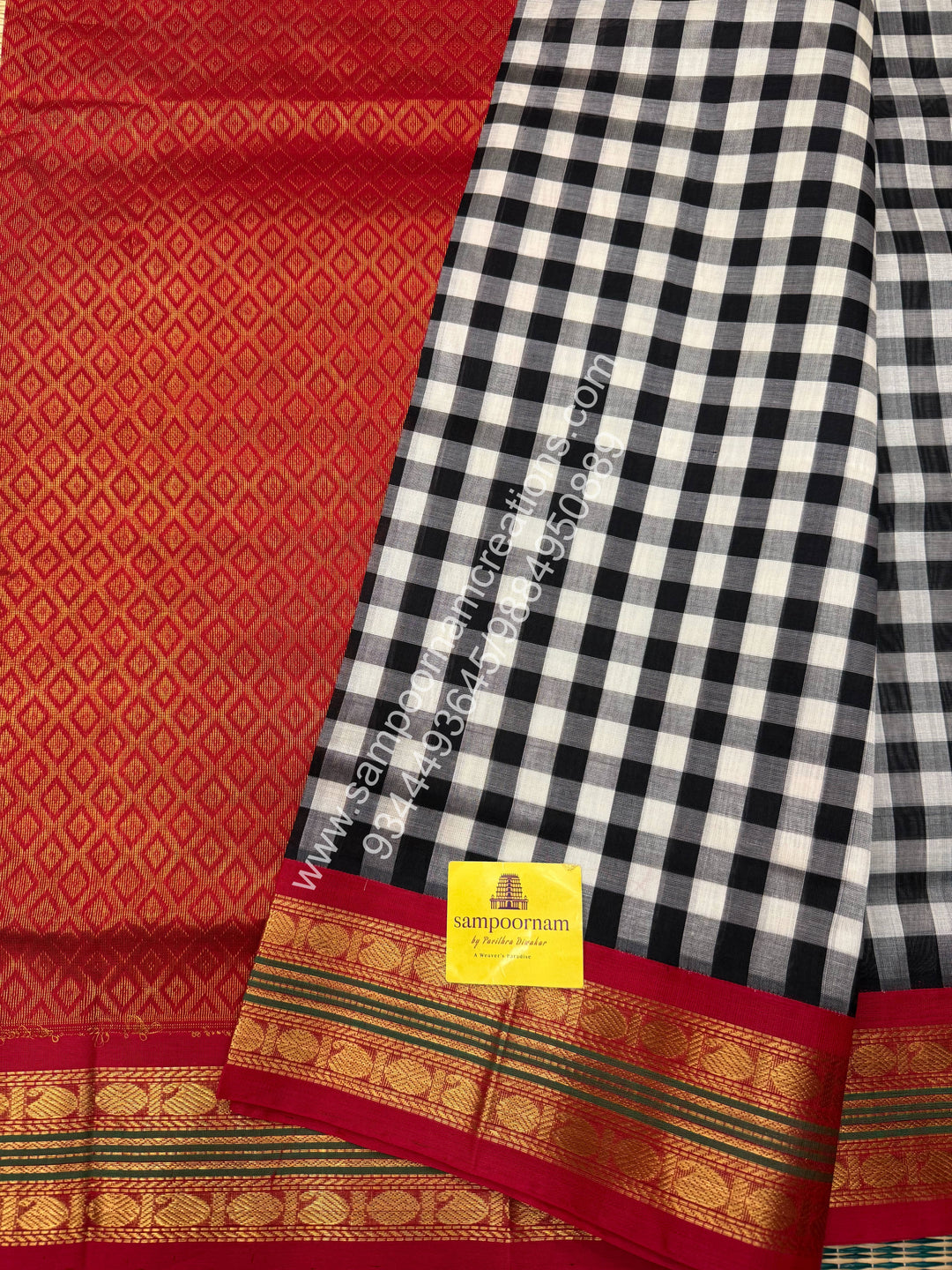 Black and White with Red , Paalum Pazham Kattam , Rettapet borders , Grand Pallu Korvai Silk Cotton Saree