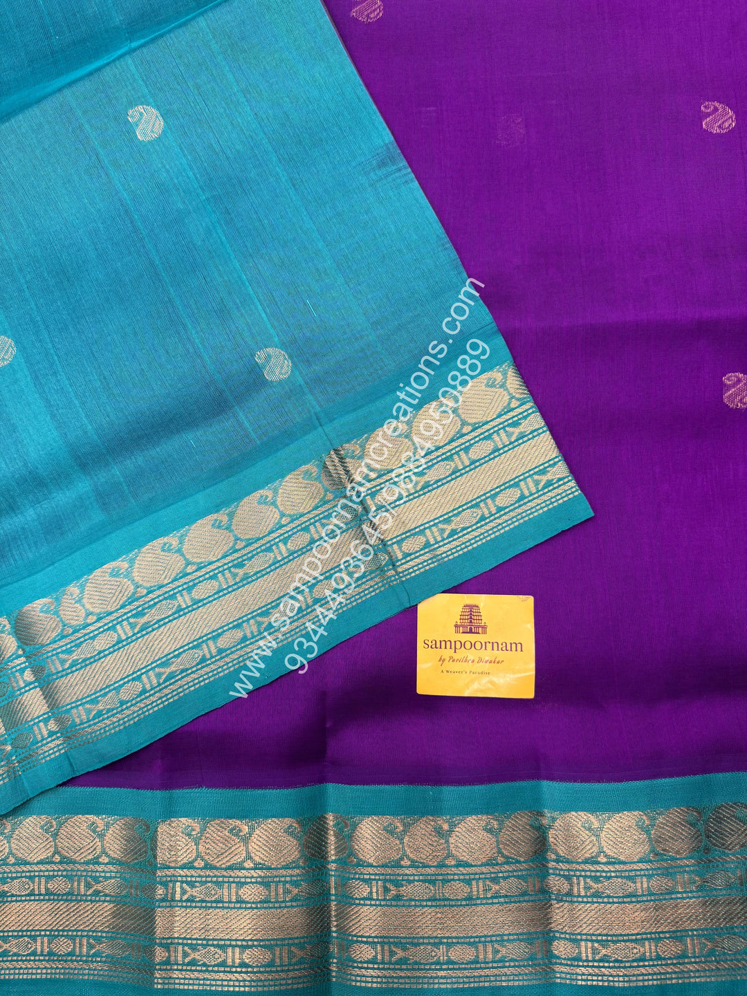 Purple with Turquoise Blue , Mango Zari butta in the body and Traditional border , Grand Pallu Korvai Silk Cotton Saree