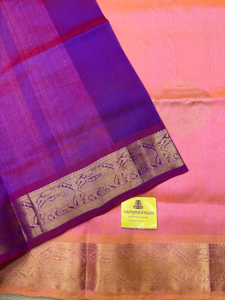 Peachish Pink with Magenta   ,  Rich Gandaberunda  Zari butta in the body , Traditional Borders and Rich Pallu Silk Cotton Saree