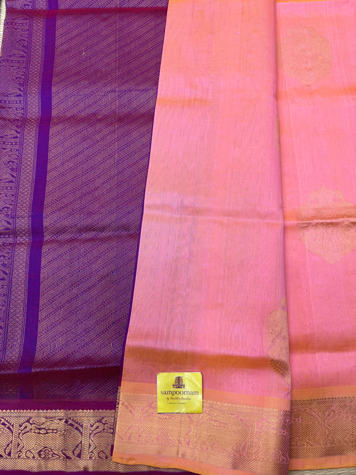 Peachish Pink with Magenta   ,  Rich Gandaberunda  Zari butta in the body , Traditional Borders and Rich Pallu Silk Cotton Saree