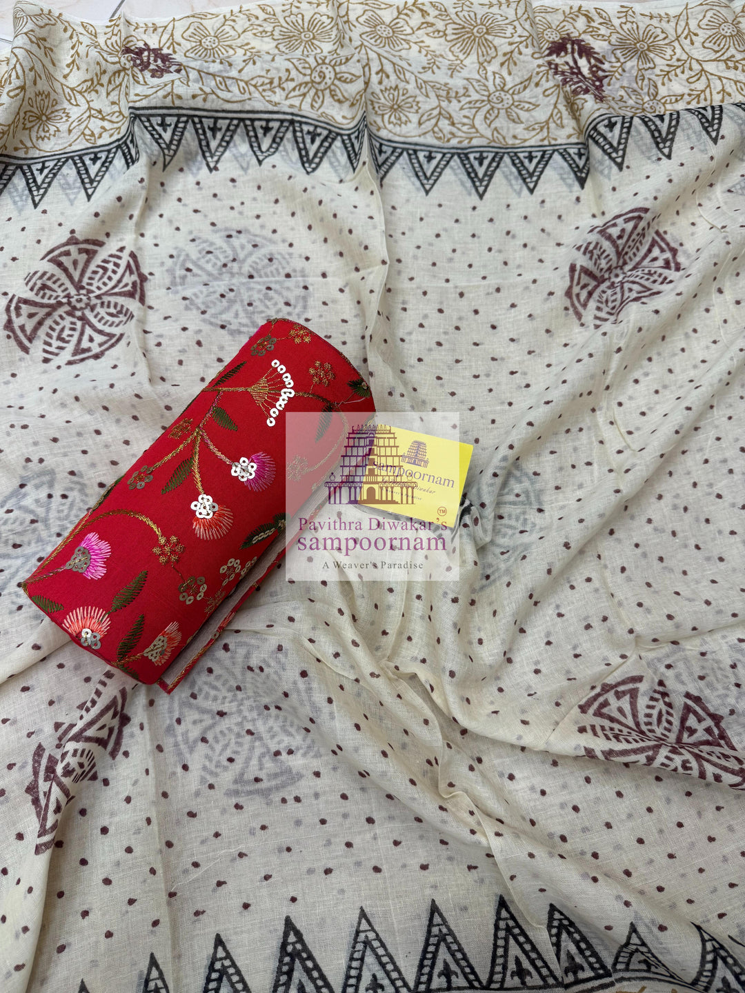 Cotton - Brown Top with Applique Mirror work  in the Yoke and Cream Printed bottom and  Cream Printed Dupatta - Salwar Material