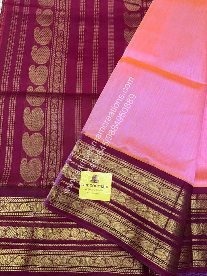 Peach with kumkum Red ,Rich Kanchi border and Grand Pallu Korvai Silk Cotton Saree