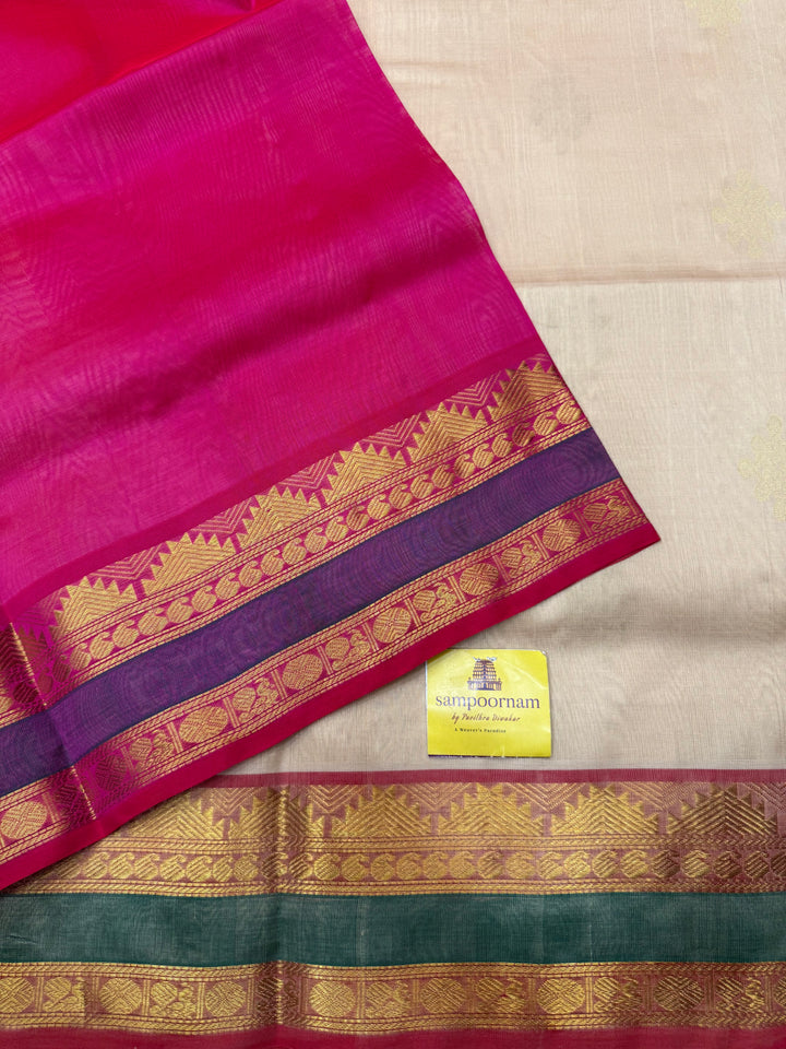 Offwhite with Pink  ,  Rich Kolam Zari butta in the body , Rettapet  Borders and Rich Pallu Silk Cotton Saree