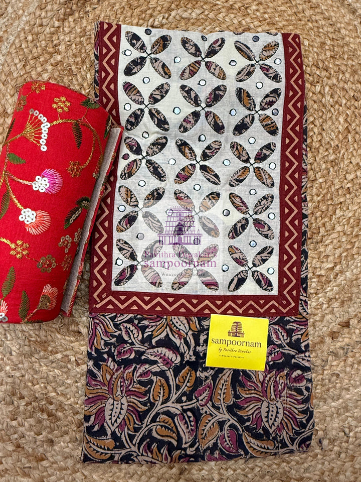 Cotton - Brown Top with Applique Mirror work  in the Yoke and Cream Printed bottom and  Cream Printed Dupatta - Salwar Material