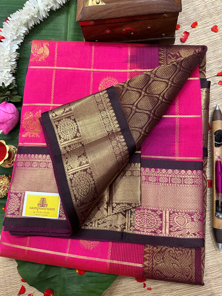 Pink with Brown Mayil Chakram Silk Cotton Saree