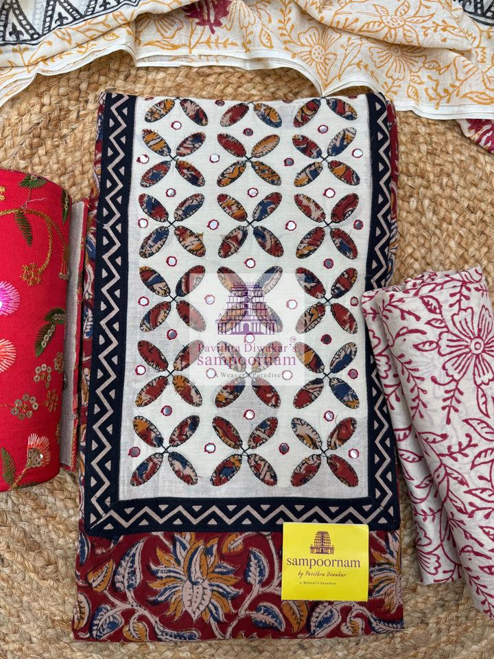 Cotton - Red Top with Applique Mirror work  in the Yoke and Cream Printed bottom and  Cream Printed Dupatta - Salwar Material