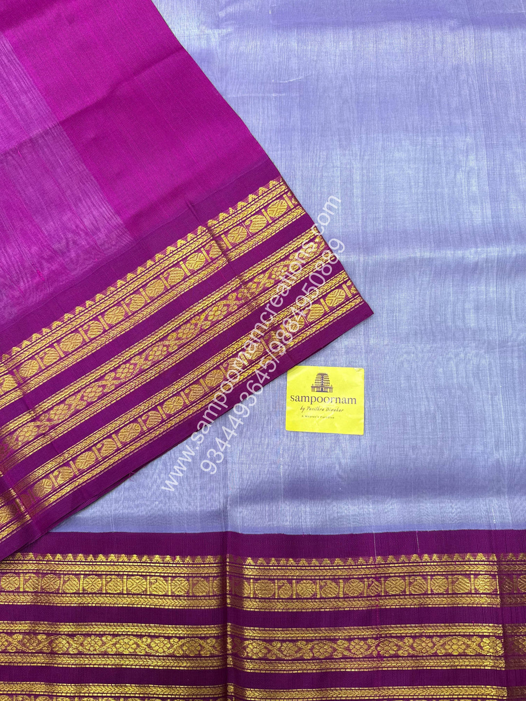 Lilac with Dark Magenta ,Rich Kanchi border and Grand Pallu Korvai Silk Cotton Saree