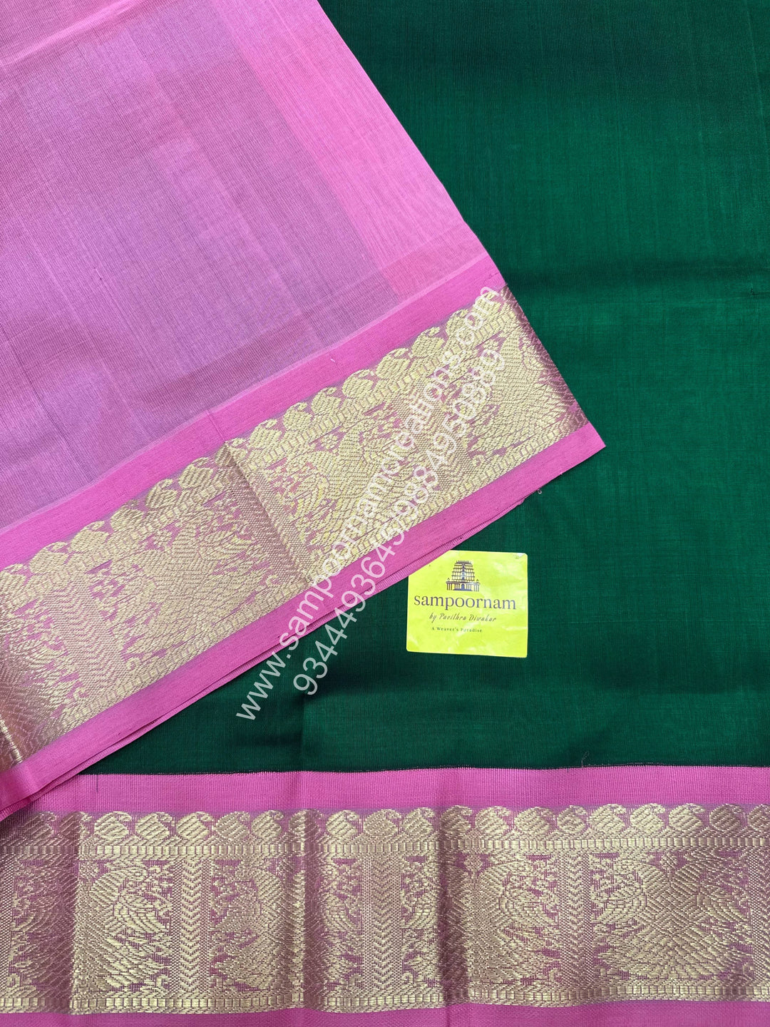 Green with Baby Pink , Traditional border and Grand Pallu Korvai Silk Cotton Saree